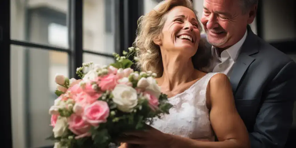 Mand der har kvinde i favnen, mens kvinden holder på blomster på deres fælles bryllupsdag.