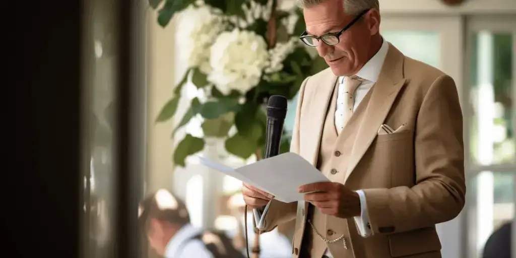 Brudens far holder tale til bryllup iført beige jakkesæt